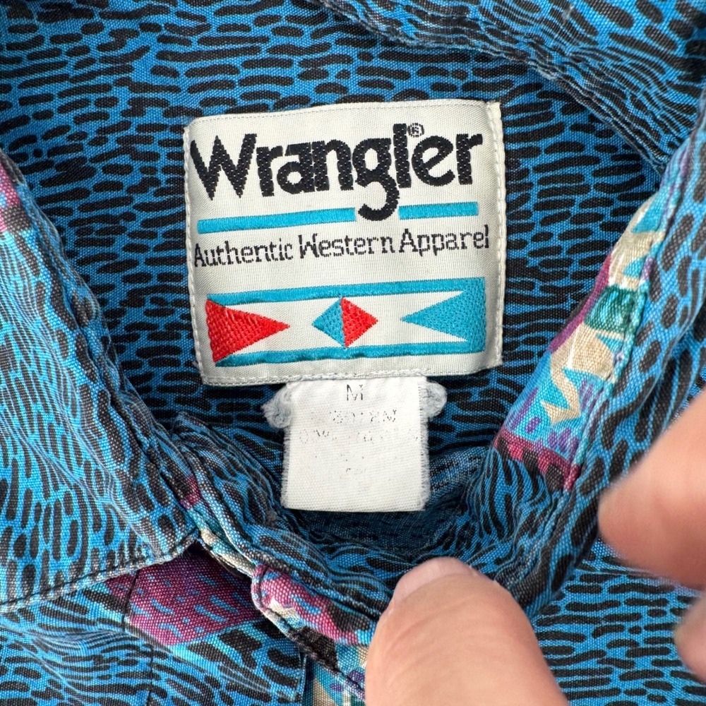 Vintage Wrangler Authentic Western Medium Teal Geometric Medallion Button Shirt - Picture 5 of 8